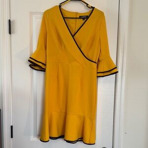 Glamour Yellow Midi Dress with Ruffled Hem and 3/4 Bell Sleeves